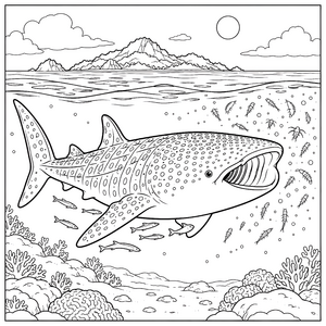 Mächtiger Walhai mit kleinen Fischen Malvorlage für malfreudige Meeresbewohner