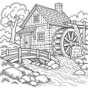 Rustikale Wassermühle mit Holzbrücke Ausmalvorlage für kleine Tüftler