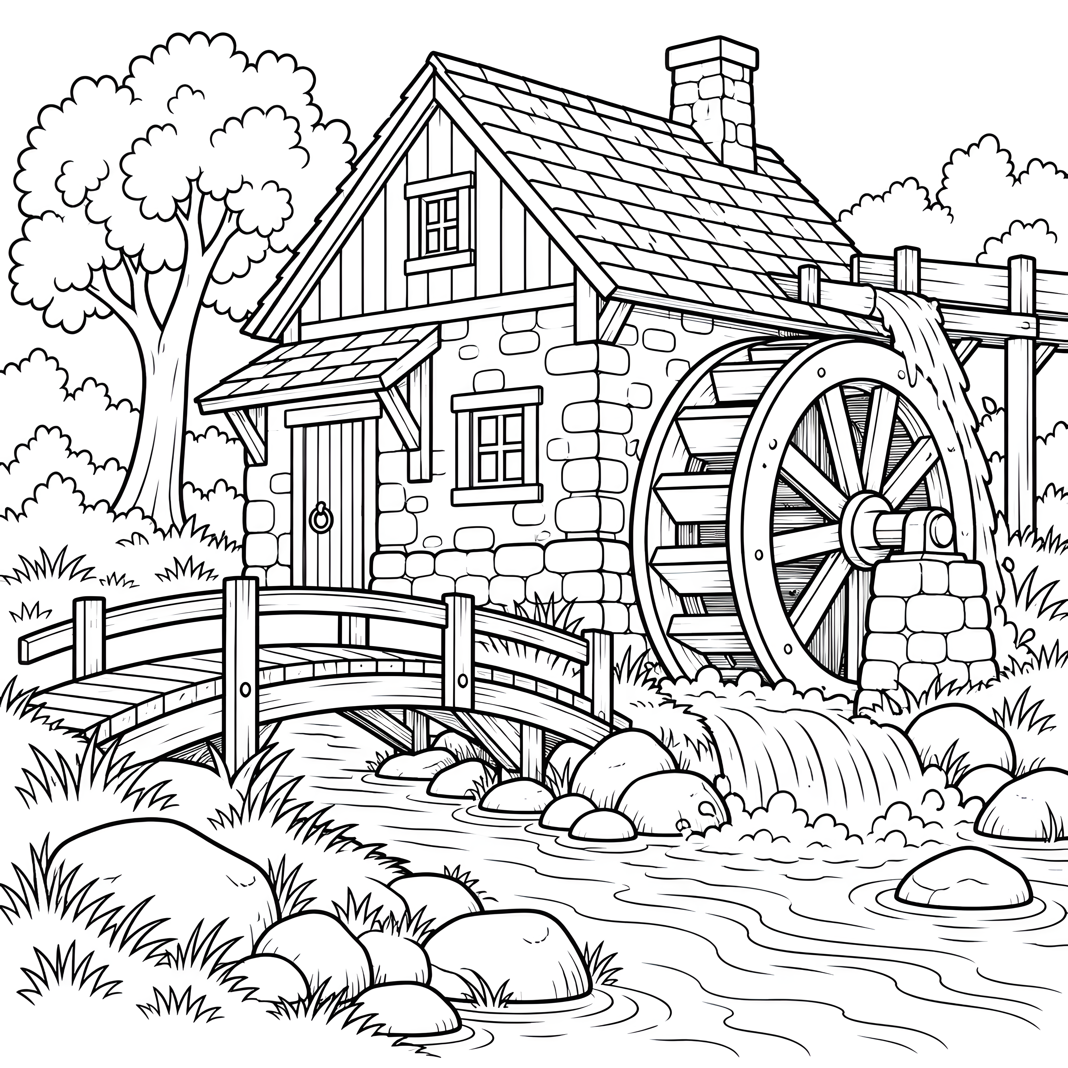 Rustikale Wassermühle mit Holzbrücke Ausmalvorlage für kleine Tüftler