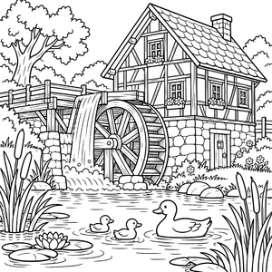 Idyllische Wassermühle mit Enten Malvorlage für kreative Naturfreunde