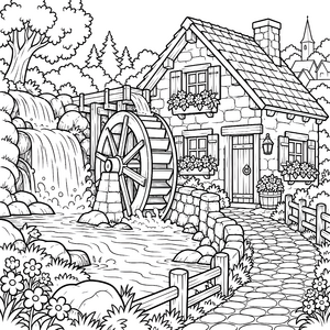 Heimelige Wassermühle mit Blumenkasten Ausmalbild für junge Hobbygärtner