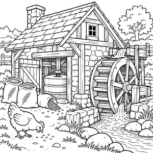 Traditionelle Wassermühle mit Huhn Ausmalvorlage für Landratten