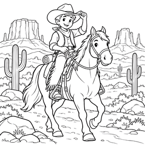 Freundlicher Cowboy auf Pferd Malvorlage für Wildwestfans