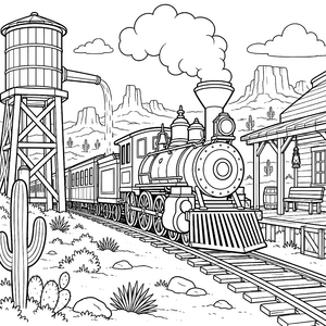 Mächtige Dampflokomotive mit Wasserturm Ausmalbild für junge Weltenbummler