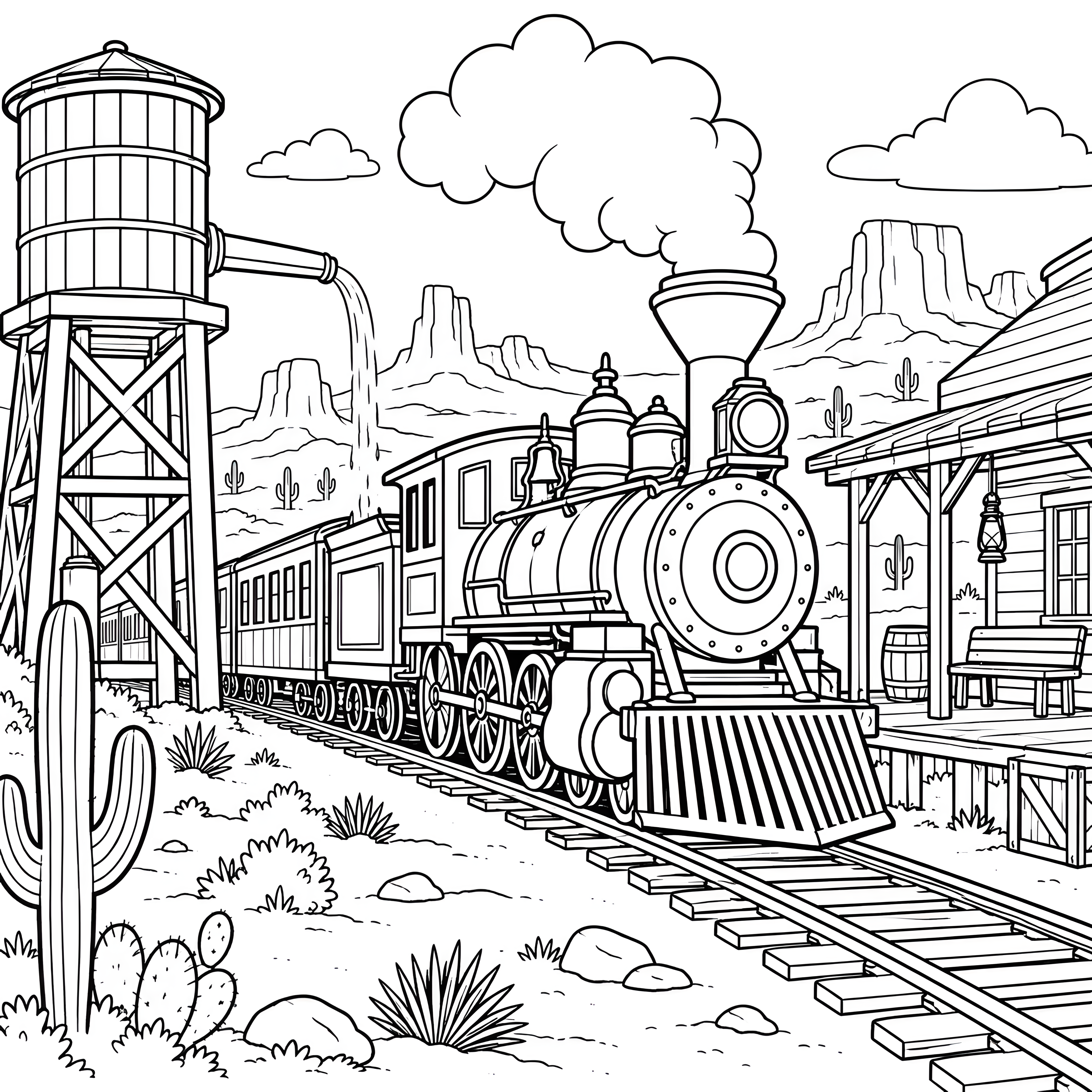 Mächtige Dampflokomotive mit Wasserturm Ausmalbild für junge Weltenbummler