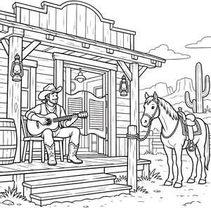 Fröhlicher Cowboy mit Gitarre Malvorlage für kreative Musikfreunde