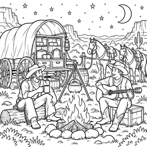 Gemütliches Lagerfeuer mit Cowboys Malbild für verträumte Weltenbummler