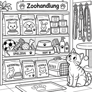 Buntes Zoohandelsregal mit Katzenfutter Ausmalbild für Bastler