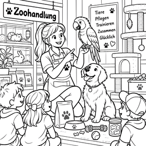 Freundliche Verkäuferin mit Papagei Ausmalbild für verträumte Spürnasen