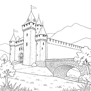 Weitläufige Ritterburg mit Steinbrücke Ausmalbild für kreative Märchenfreunde