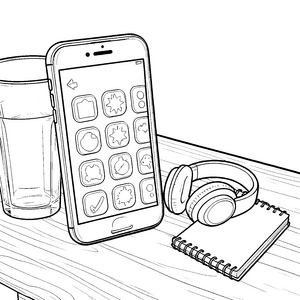 Gemütliches Handy mit Kopfhörern Ausmalvorlage für kleine Tüftler