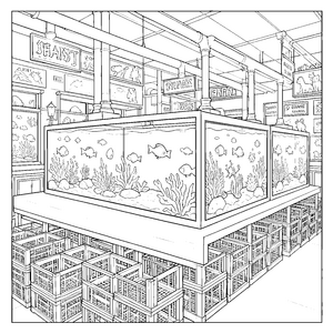 Großes Aquarium im Zoohandel Ausmalbild für verträumte Wasserratten