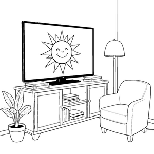 Herzlicher Fernseher mit lächelnder Sonne Ausmalbild für kreative Strahlen