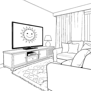 Strahlenfroher Fernseher mit lachender Sonne Malvorlage für malfreudige Wohnzimmerfreunde