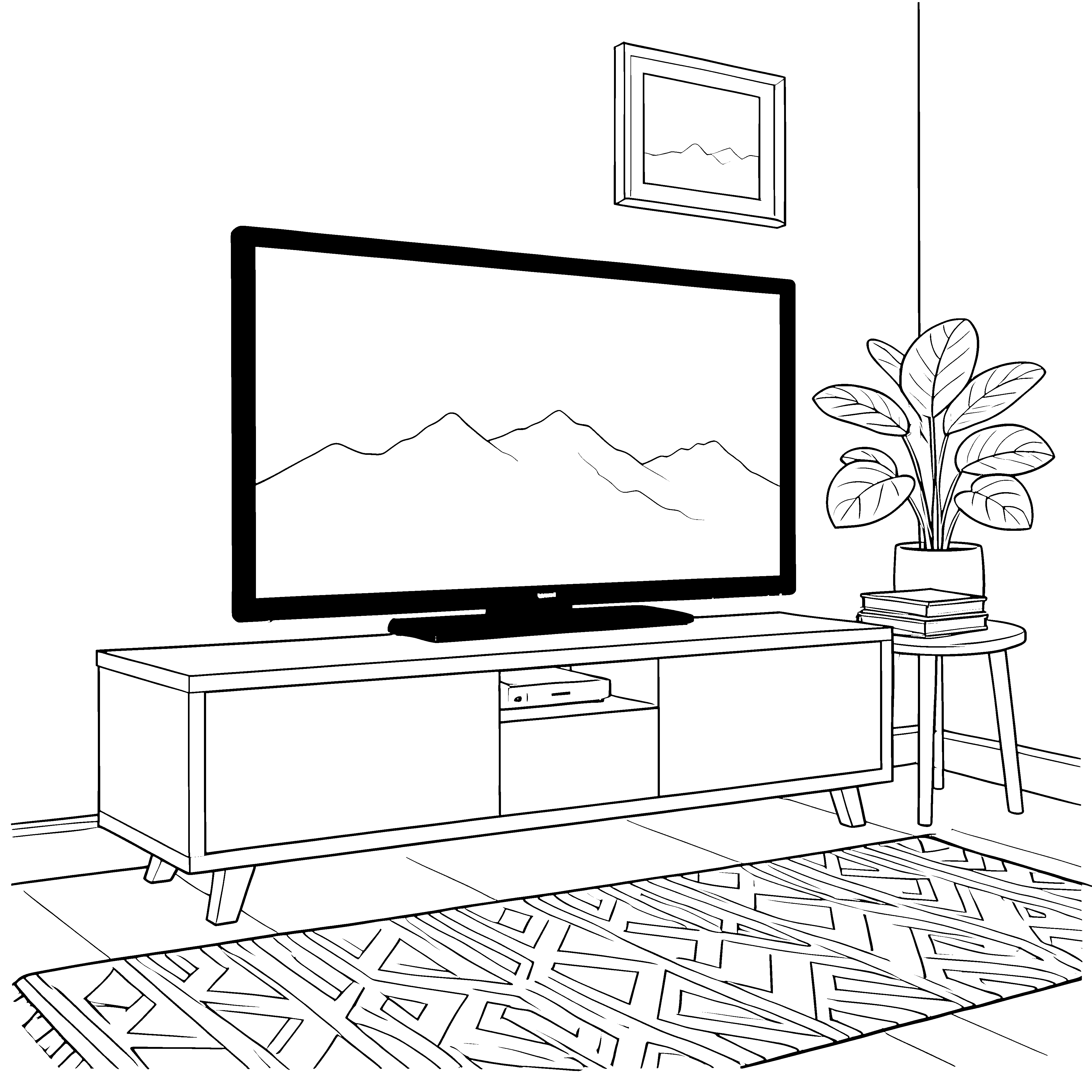 Moderner Fernseher mit Gebirgslandschaft Ausmalvorlage für Tüftler