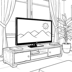 Gemütlicher Fernseher mit Bergen Ausmalbild für junge Wohnzimmerfreunde