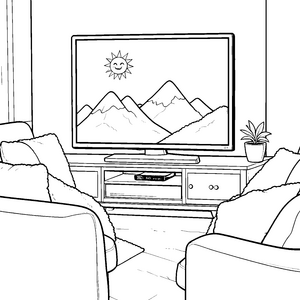 Fröhlicher Fernseher mit Bergen und Sonne Malbild für kleine Spürnasen