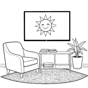Lächelnder Fernseher mit Sonnenmotiv Ausmalvorlage für Spürnasen
