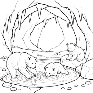 Fröhliche Höhlenbärjungen im kleinen Teich Malbild für mutige Wasserratten