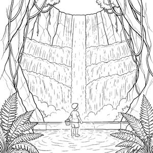 Geheimnisvoller Wasserfall mit Kindermalvorlage für kleine Forscher Ausmalbild