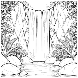 Prachtvoller Wasserfall mit Farnen Ausmalbild für fröhliche Naturfreunde