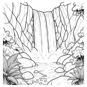 Mächtiger Wasserfall hinter Felsen Malvorlage für mutige Weltenbummler