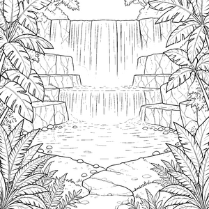 Üppiger Wasserfall mit Palmen Malvorlage für neugierige Abenteurer