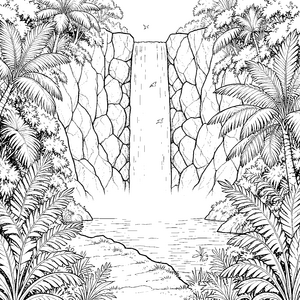 Tropischer Wasserfall mit Palmen Malvorlage für verträumte Tüftler