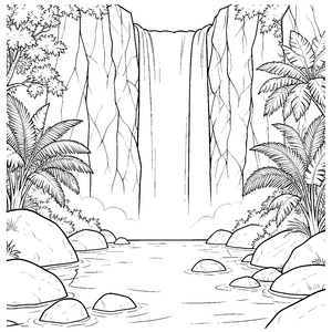 Riesiger Wasserfall mit Palmen Ausmalbild für malfreudige Spürnasen