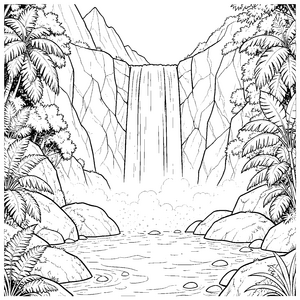 Tropischer Wasserfall mit Palmen Ausmalvorlage für Weltenbummler