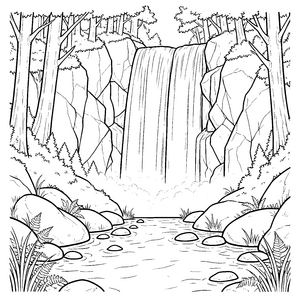 Wilder Wasserfall im Nadelwald Ausmalvorlage für Waldläufer