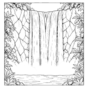 Breiter Tropenwasserfall mit Palmen Ausmalbild für verträumte Weltenbummler