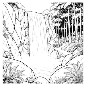 Ruhiger Wasserfall im dichten Wald Ausmalbild für neugierige Naturfreunde