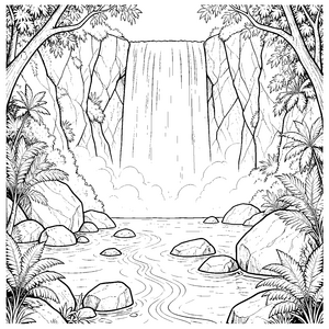 Breiter Wasserfall mit Palmen Ausmalbild für mutige Weltenbummler