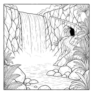 Mächtiger Wasserfall mit Höhle Malvorlage für kleine Entdecker