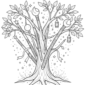 Funkelnde Zauberstäbe am Baum Ausmalvorlage für junge Träumer