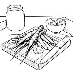 Frische Schwarzwurzeln auf einem Holzschneidebrett Ausmalbild für kreative Hobbyköche