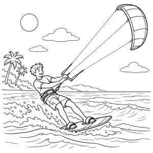 Übermütiger Kitesurfer mit Palme Malvorlage für Sonnenanbeter