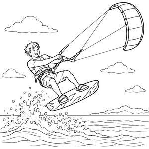 Energetischer Kitesurfer über Wellen Malbild für mutige Wasserratten