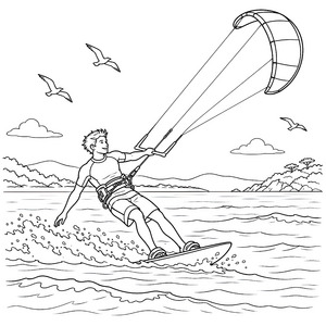 Mutiger Kitesurfer mit Möwen Malvorlage für verträumte Weltenbummler