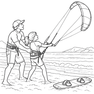 Lernbereite Kitesurfer mit Kind Malbild für malfreudige Wasserratten