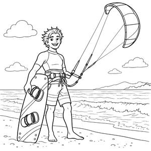 Fröhlicher Kitesurfer mit Board Malbild für Abenteurer