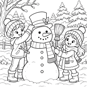 Fröhliche Kinder mit Schneemann-Malbild für mutige Tüftler