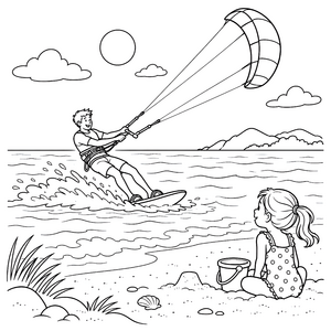 Begeisterter Kitesurfer mit Kind am Strand Malbild für kreative Strandbesucher