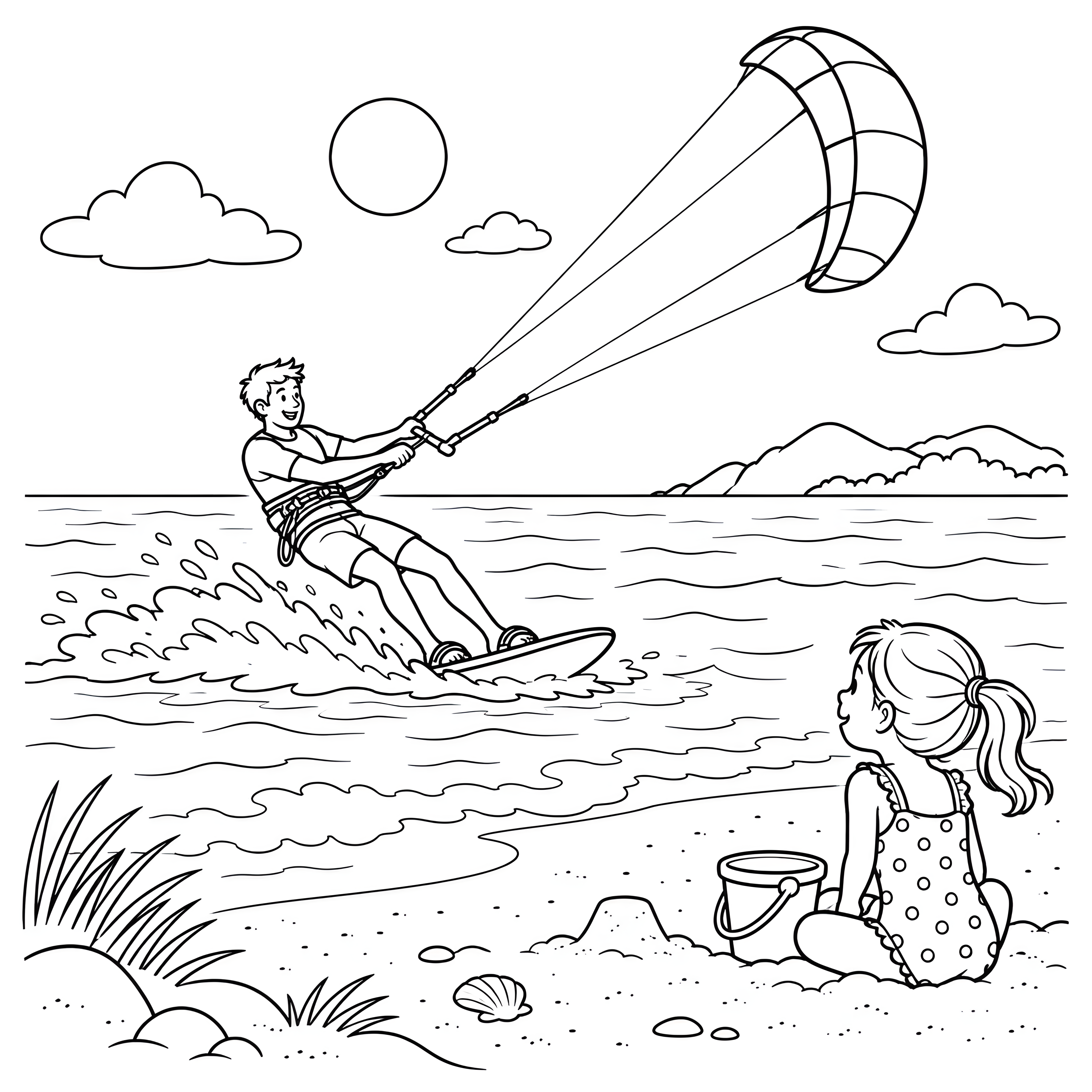 Begeisterter Kitesurfer mit Kind am Strand Malbild für kreative Strandbesucher