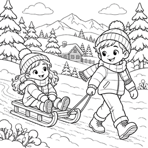Fröhliche Kinder auf dem Schlitten Malbild für kreative Abenteurer