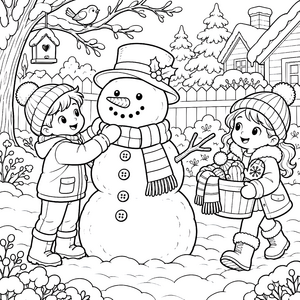 Fröhliche Kinder mit Schneemann Malvorlage für kreative Schneeköniginnen