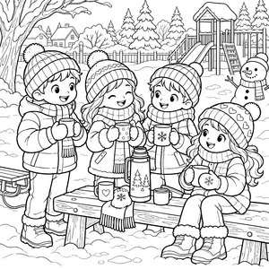 Gemütliche Kinder mit Heißgetränken Malbild für kreative Frostbesucher