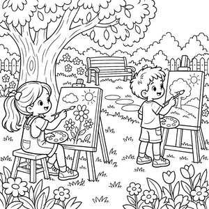 Verspielte Kinder im Garten Malvorlage für verträumte Naturfreunde