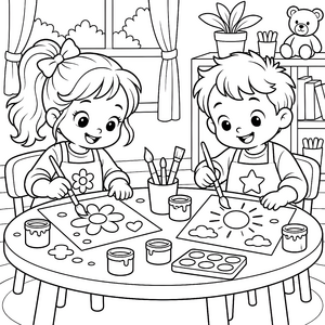 Fröhliche Kinder mit Pinseln Ausmalbild für Bastler